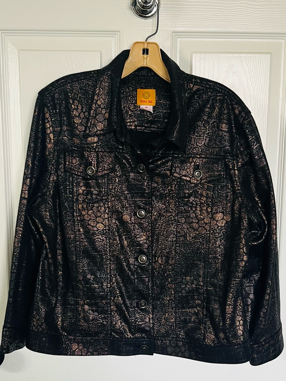 Vintage Ruby Rd Metallic Gold Copper Coated Croc Embossed Trucker Jacket 16 XL